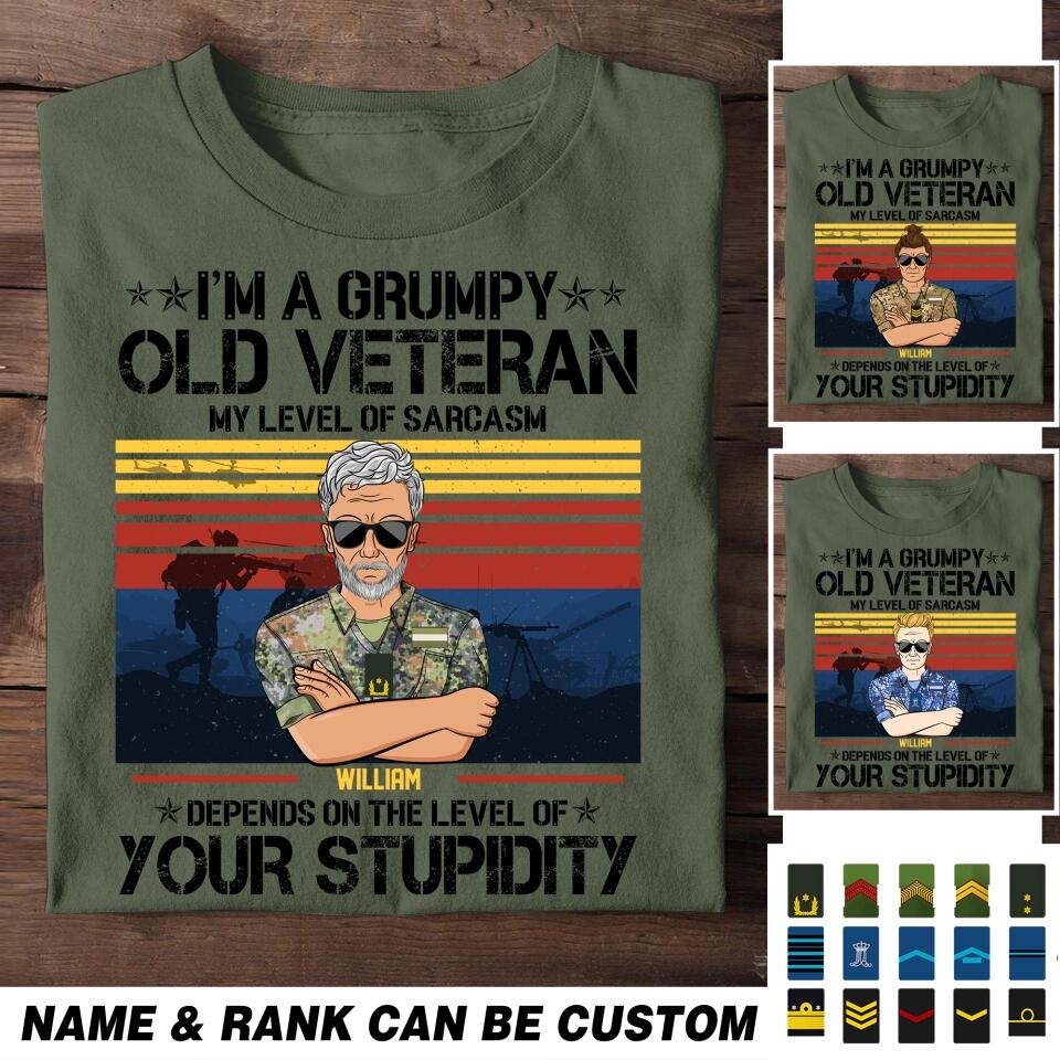 Personalized I'm A Netherland Grumpy Old Veteran My Level Sarcasm Depends On The Level Of Your Stupidity Printed Tshirts 23JAN-HQ14