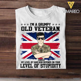 Personalized I'm A Grumpy British Old Veteran My Level Of Sarcasm Depends On Your Level Of Stupidity Rank Camo Printed Tshirts 23FEB-DT02