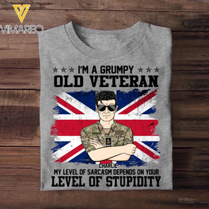 Personalized I'm A Grumpy British Old Veteran My Level Of Sarcasm Depends On Your Level Of Stupidity Rank Camo Printed Tshirts 23FEB-DT02