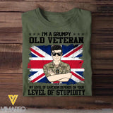 Personalized I'm A Grumpy British Old Veteran My Level Of Sarcasm Depends On Your Level Of Stupidity Rank Camo Printed Tshirts 23FEB-DT02