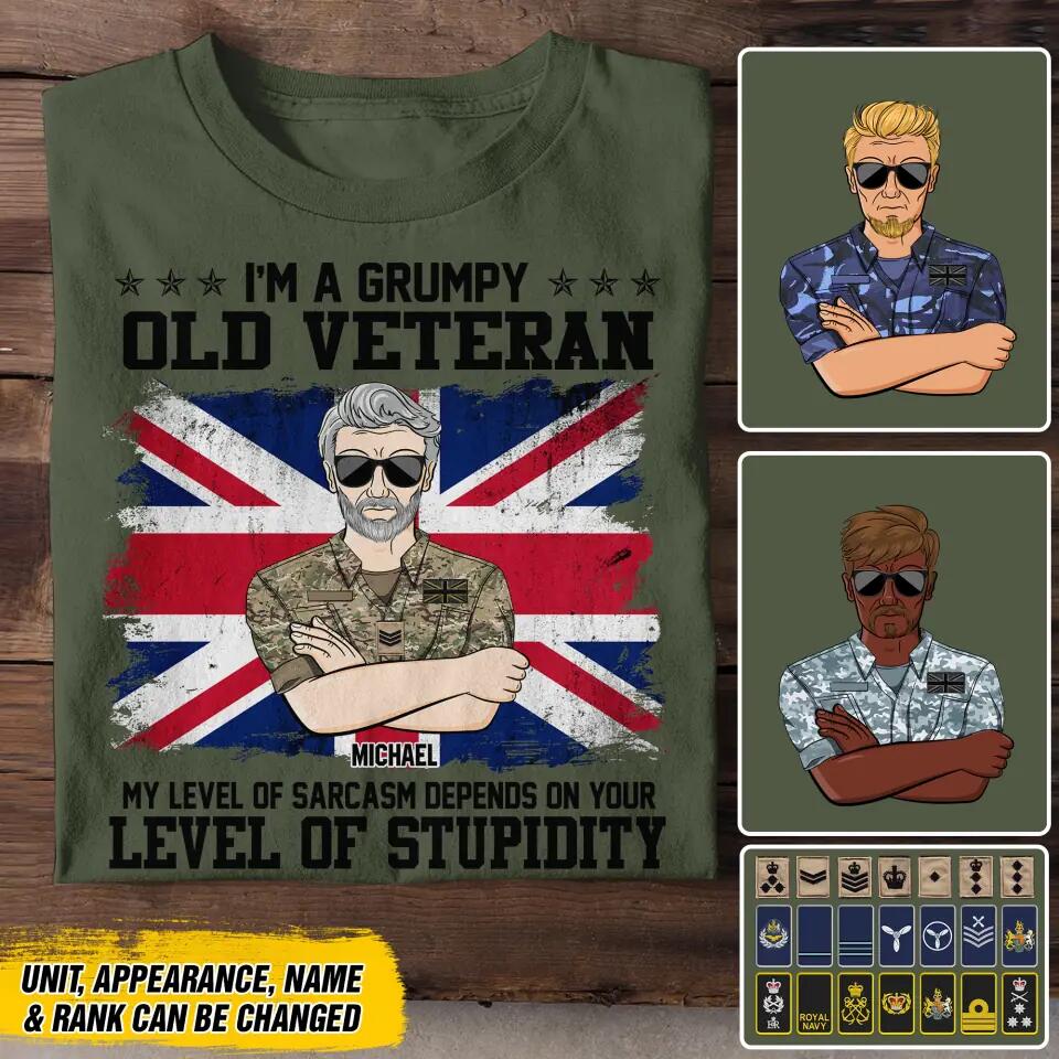 Personalized I'm A Grumpy British Old Veteran My Level Of Sarcasm Depends On Your Level Of Stupidity Rank Camo Printed Tshirts 23FEB-DT02