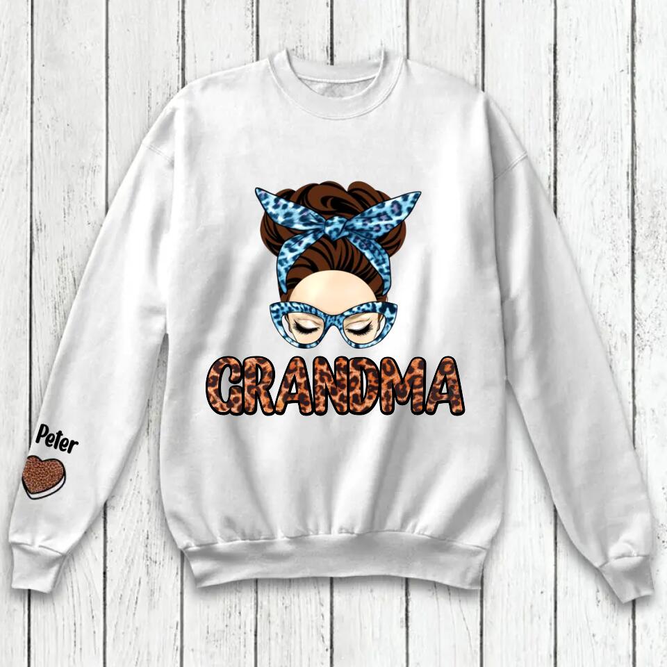 Personalized Messy Bun Hair Bow Tie Leopard Grandma With Grandkids Heart On Sleeve Sweater Shirt Printed 23FEB-VD02