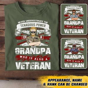 Personalized Never Underestimate The Tenagious Power Grandpa Who is Also A Veteran UK Soldier/Veteran Rank Camo Printed Tshirts QTVD0402