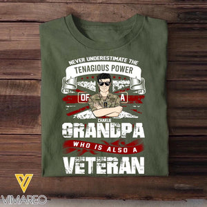 Personalized Never Underestimate The Tenagious Power Grandpa Who is Also A Veteran UK Soldier/Veteran Rank Camo Printed Tshirts QTVD0402