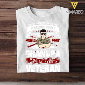 Personalized Never Underestimate The Tenagious Power Grandpa Who is Also A Veteran UK Soldier/Veteran Rank Camo Printed Tshirts QTVD0402