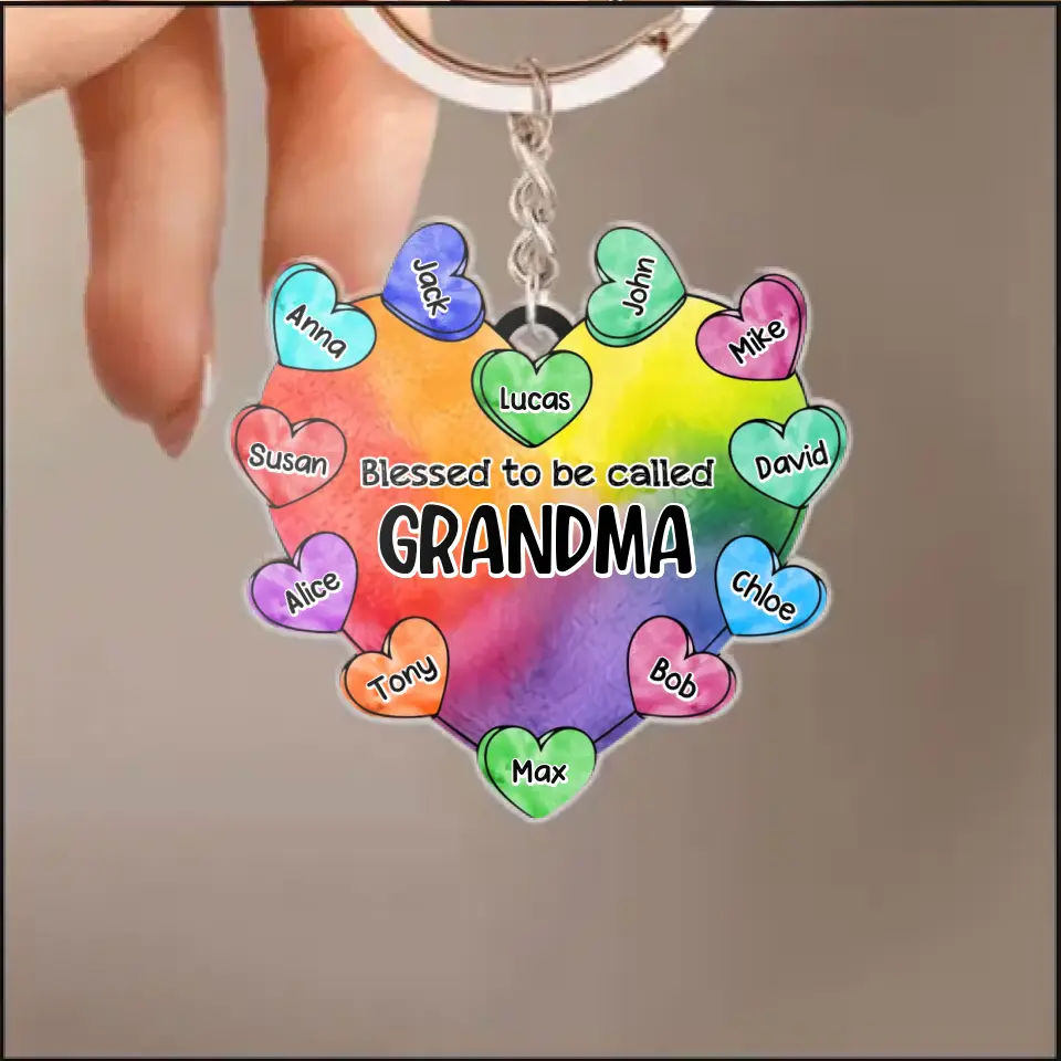 Personalized Blessed To Be Called Grandma Colorful Heart with Kid's Name Acrylic Keychain Printed PNHQ0604