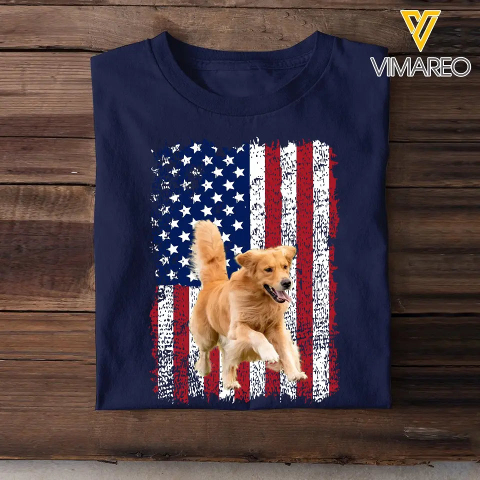 Personalized Upload Your Dog Photo US Flag T-shirt Printed 23MAY-TB15