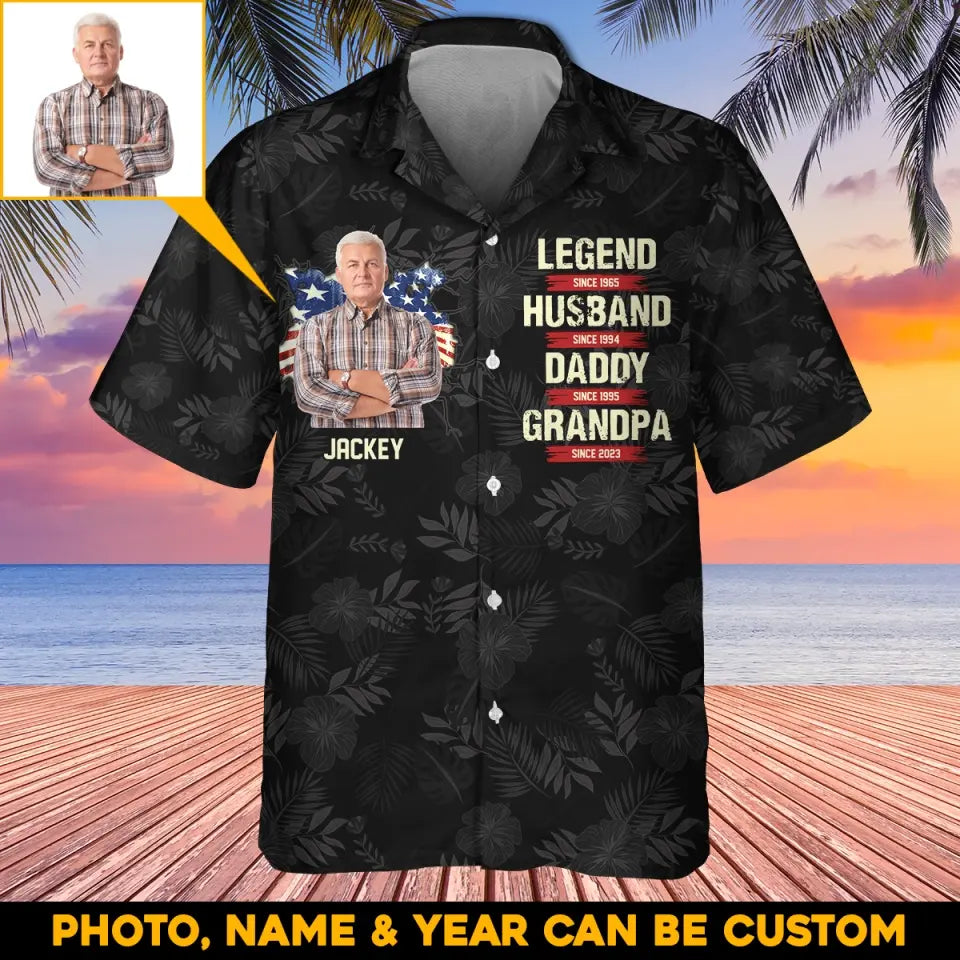 Personalized Upload Your Dad/Grandpa Photo US Flag Legend Husband Daddy Grandpa Since Year Hawaii Printed PNHQ1605
