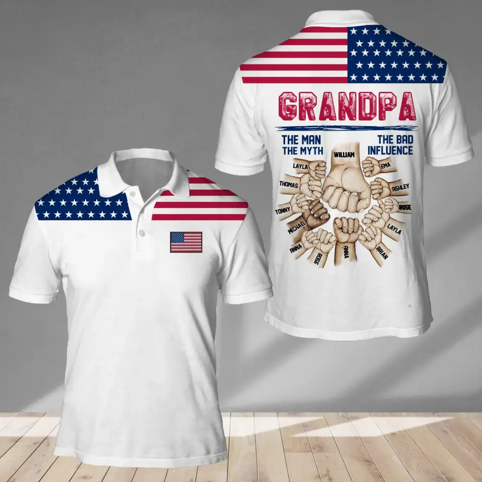 Personalized Grandpa Hands with Kid Names US Flag Polo Shirt Printed PNHQ2205