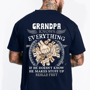 Personalized Grandpa Knows Everything If He Doesn't Know He Makes Stuff Up Really Fast Hands with Kid Names T-shirt Printed PNMT2305