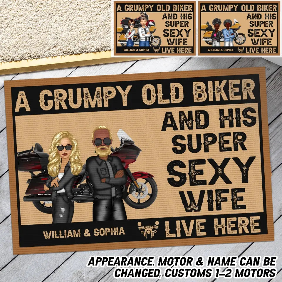 Personalized A Grumpy Old Biker And His Super Sexy Wife Live Here Couple Doormat Printed 23JUN-DT05