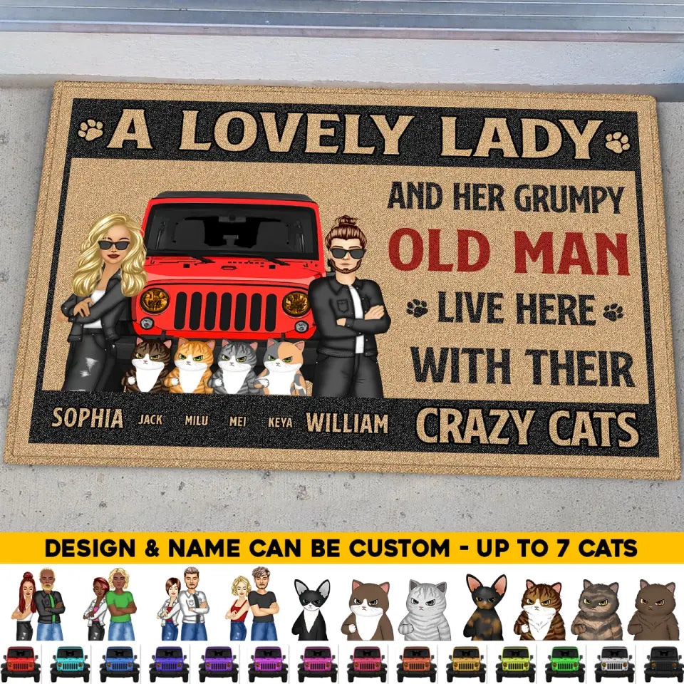 Personalized A Lovely Lady And Her Grumpy Old Man Live Here With Their Crazy Cats Couple with Jeep Car Doormat Printed MTHQ1306