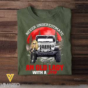 Personalized Red Moon Never Underestimate An Old Lady With A Jeep Cool Lady Chibi 2D Tshirt