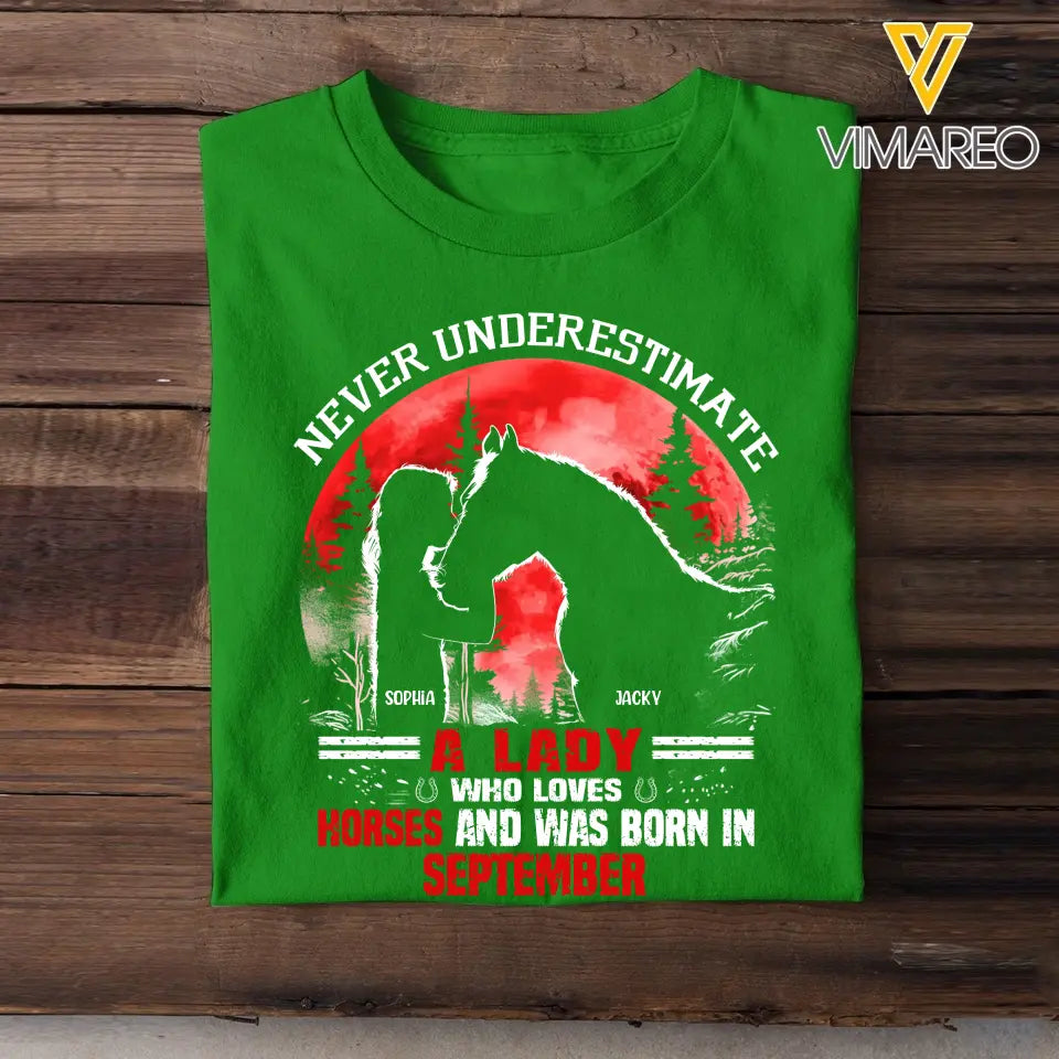 Personalized Never Underestimate A Lady Who Loves Horses And Was Born In September T-shirt Printed MTHHQ1906