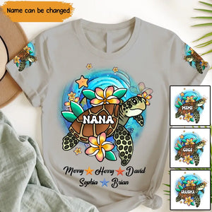 Personalzied Nana Turtle Grandma with Kid Names 3D TShirt Printed MTHHN2106
