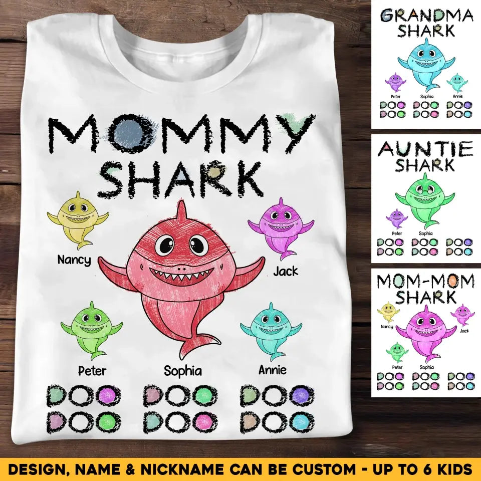 Personalized Mommy Shark Grandma Shark Colorful With Kid Names T-shirt Printed QTHQ0307