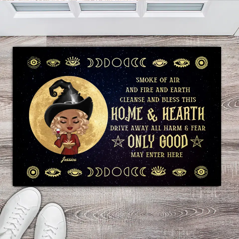 Personalized Smoke of Air And Fire And Earth Cleanse And Bless This Home & Hearth Drive Alway All Harm & Fear Only Good May Enter Here Witch Halloween Doormat Printed HTHHN23317