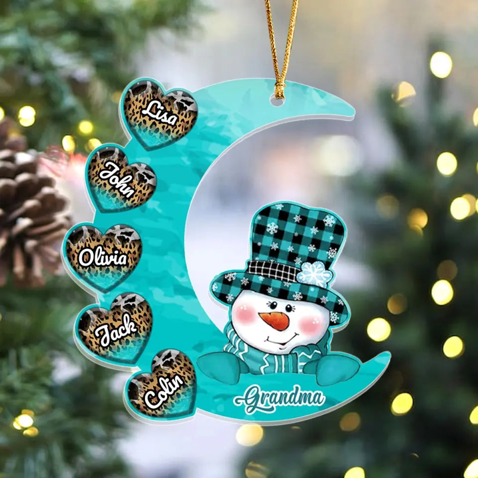 Personalized Grandma Snowman Hearts with Kid Names Crescent Moon Acrylic Ornament Printed VQ23574