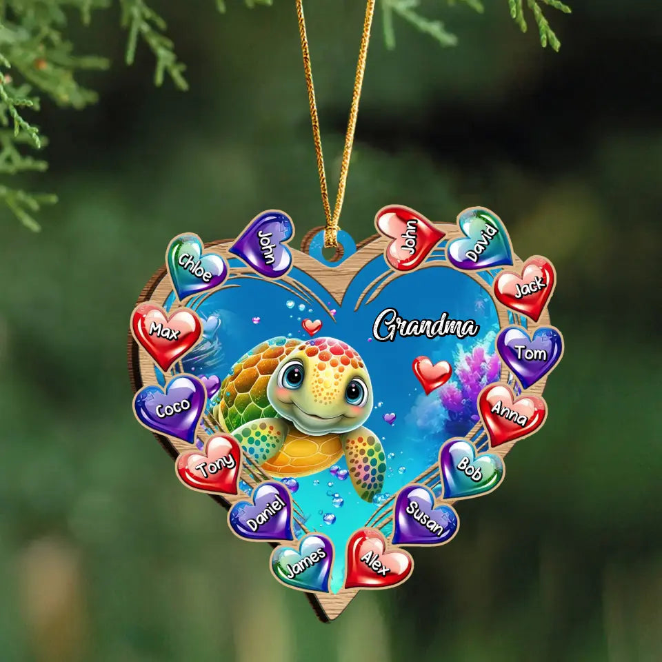 Personalized Grandma Turtle Hearts with Kid Names Wooden Ornament Printed PTN23594