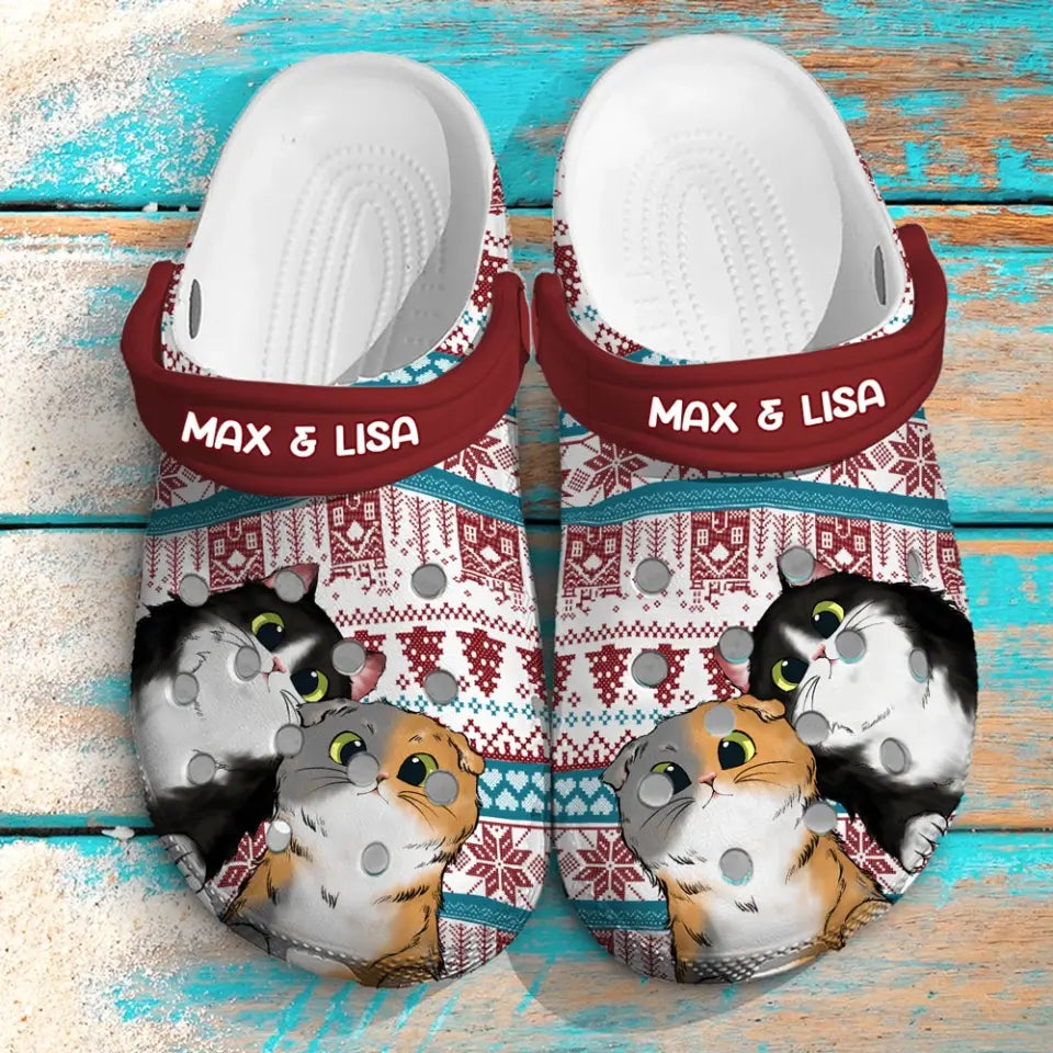 Personalized Xmas Cat Couple Cat Lovers Gift Christmas Gift Clogs Slipper Shoes Printed HN23618