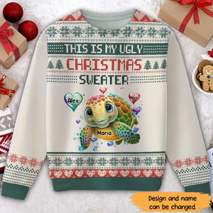 Personalized This Is My Ugly Christmas Sweater Turtles & Kid Names Ugly Sweater Printed QTHN23679