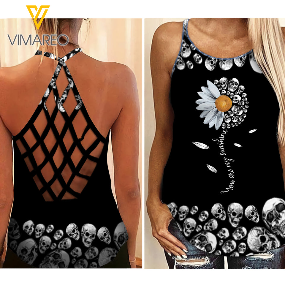 PHN SKULL Criss-Cross Open Back Camisole Tank Top Legging MAR-QH12