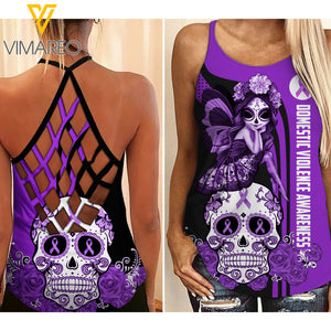 Fight Like A Girl - Domestic Violence Awareness Criss-Cross Open Back Camisole Tank Top Legging OCT-HQ01