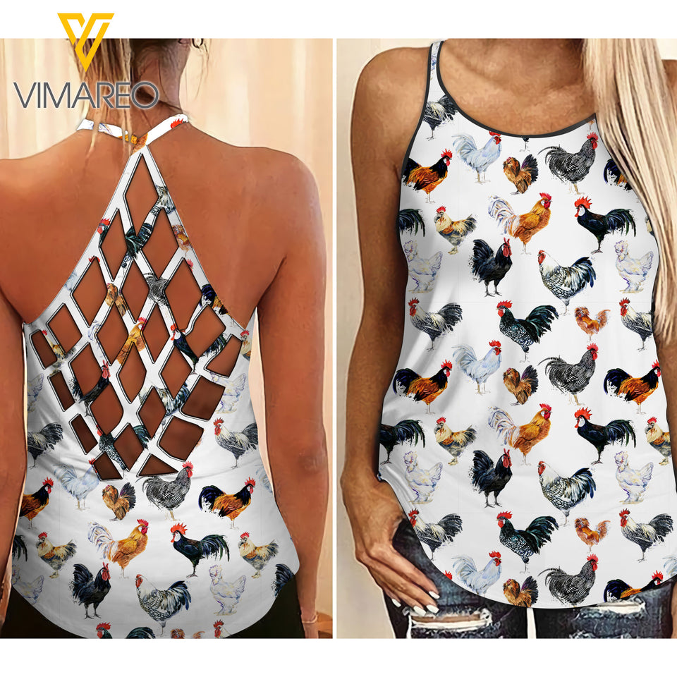 Rooster Criss-Cross Open Back Camisole Tank Top Legging MAR-HQ30