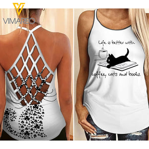 Life, Books and Cats Criss-Cross Open Back Camisole Tank Top