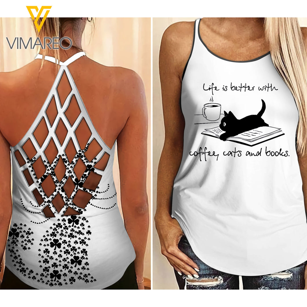 Life, Books and Cats Criss-Cross Open Back Camisole Tank Top