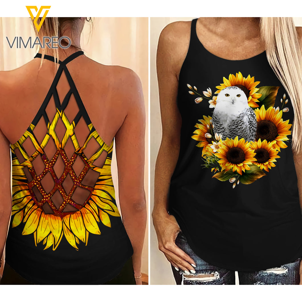 Owl with Sunflowers Criss-Cross Open Back Camisole Tank Top Legging TMT SKULL