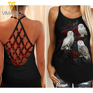 Owl with Roses Criss-Cross Open Back Camisole Tank Top