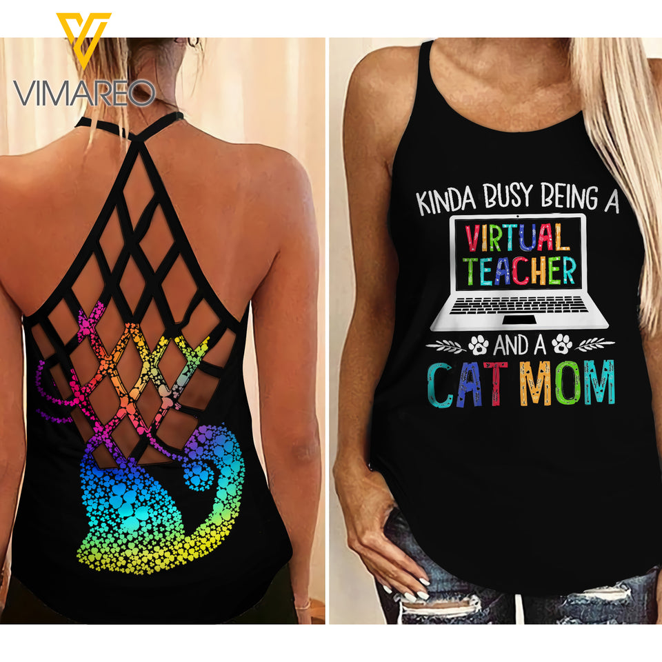 Virtual Teacher and Cat Mom Criss-Cross Open Back Camisole Tank Top 3 style
