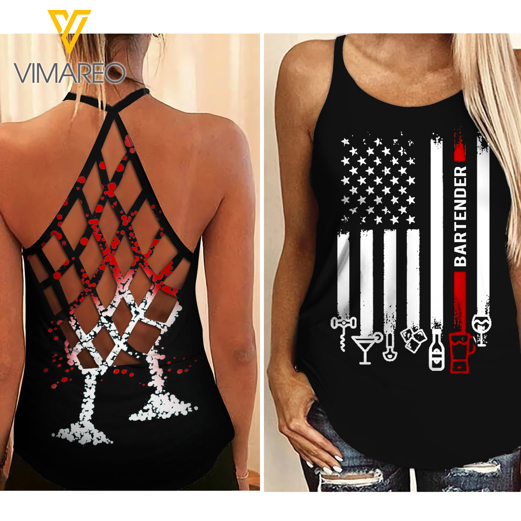 American Flag Bartender Criss-Cross Open Back Camisole Tank Top