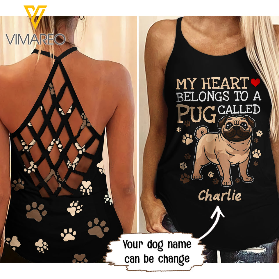 PERSONALIZED PUG DOG CRISS-CROSS OPEN BACK CAMISOLE TANK TOP