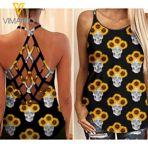 SKULL WITH SUNFLOWER  Criss-Cross Open Back Camisole Tank Top YYQQ