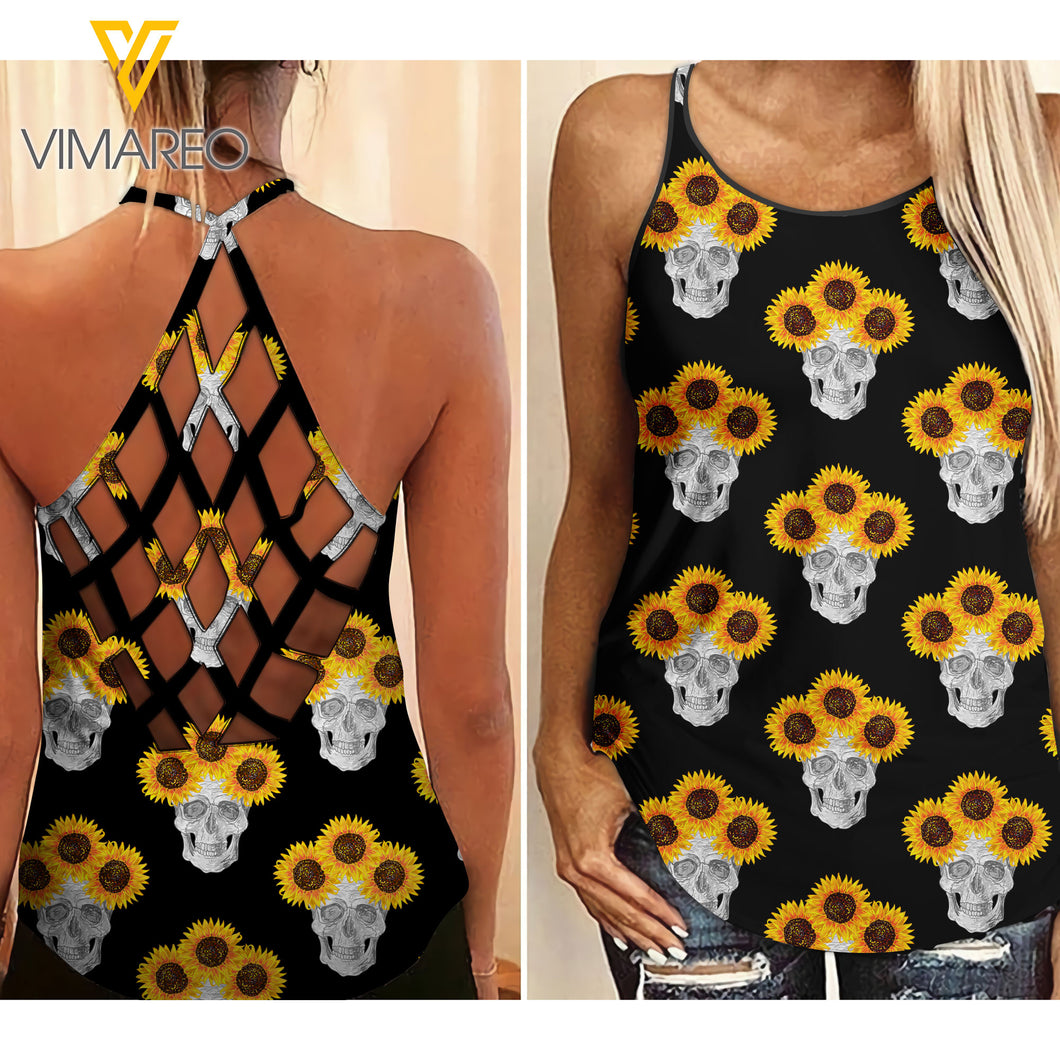 SKULL WITH SUNFLOWER  Criss-Cross Open Back Camisole Tank Top YYQQ