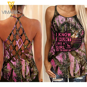 I HUNT LIKE A GIRL, TRY TO KEEP UP Criss-Cross Open Back Camisole Tank Top YYQQ