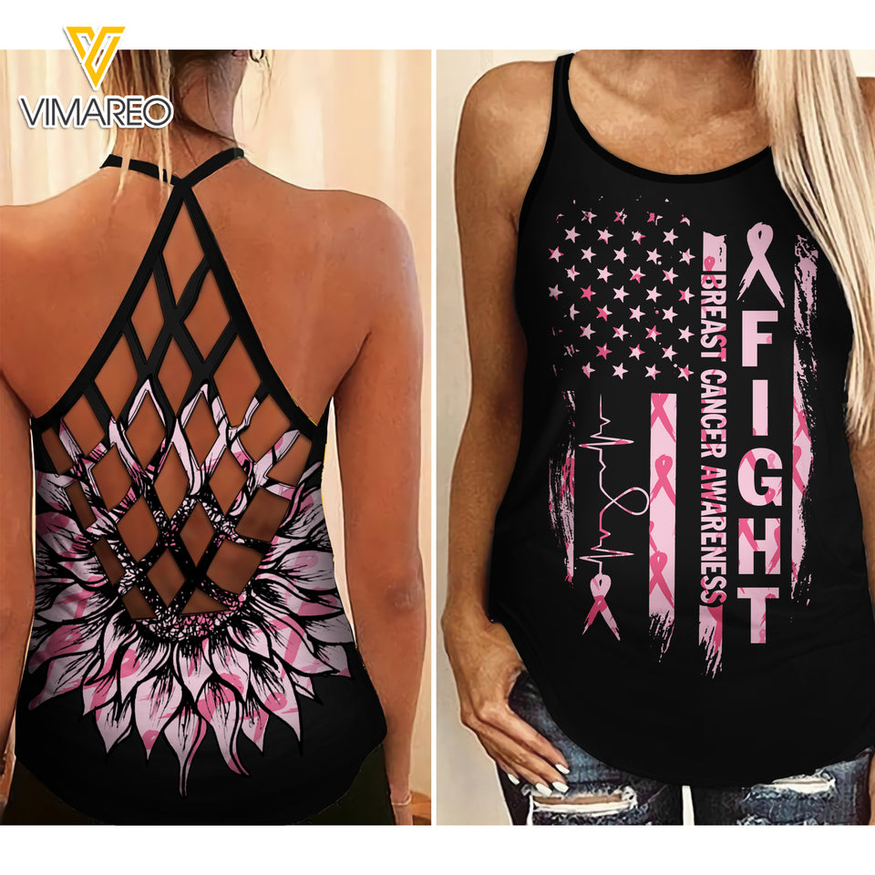 FIGHT BREAST CANCER AWEARNESS US FLAG SUNFLOWER CRISS-CROSS TANK TOP TNMA0110