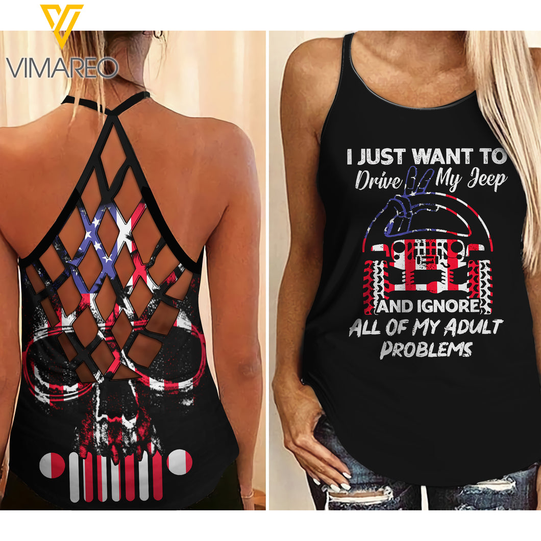 AMERICAN JEEP AND ADULT PROBLEMS CRISS-CROSS TANK TOP SKULL