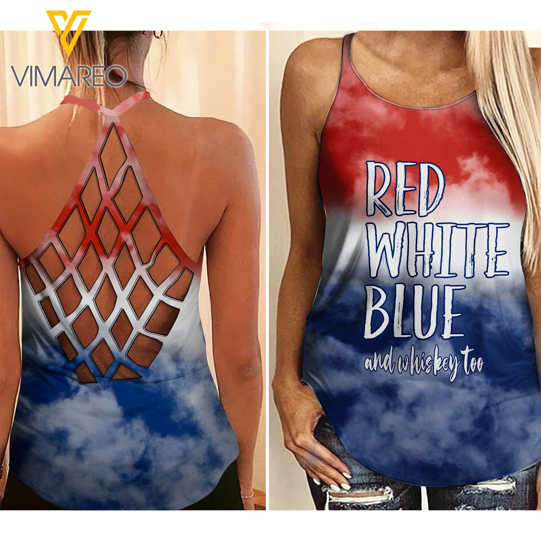 RED BLUE WHITE AND WHISKEY TOO TIE DYE USA FLAG CRISS-CROSS TANK TOP