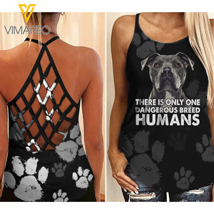 PITBULL DANGEROUS HUMANS CRISS-CROSS TANK TOP PAW