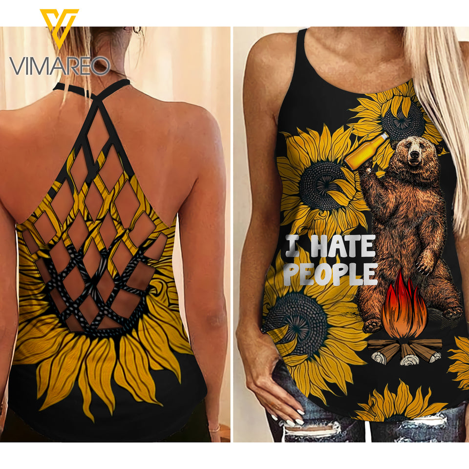 I HATE PEOPLE  CRISS-CROSS TANK TOP CAMPING SUNFLOWER
