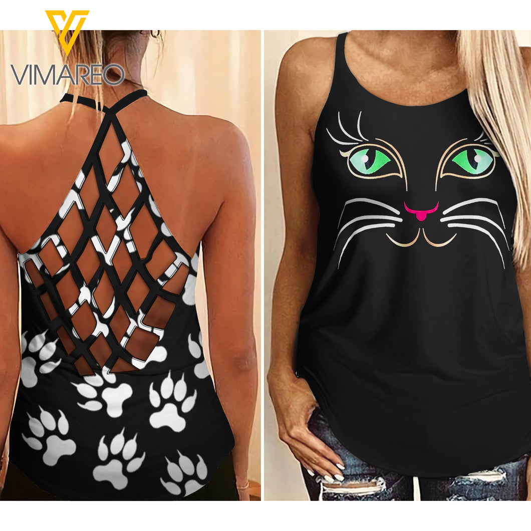 Cat and Cat Paws Criss-Cross Open Back Camisole Tank Top