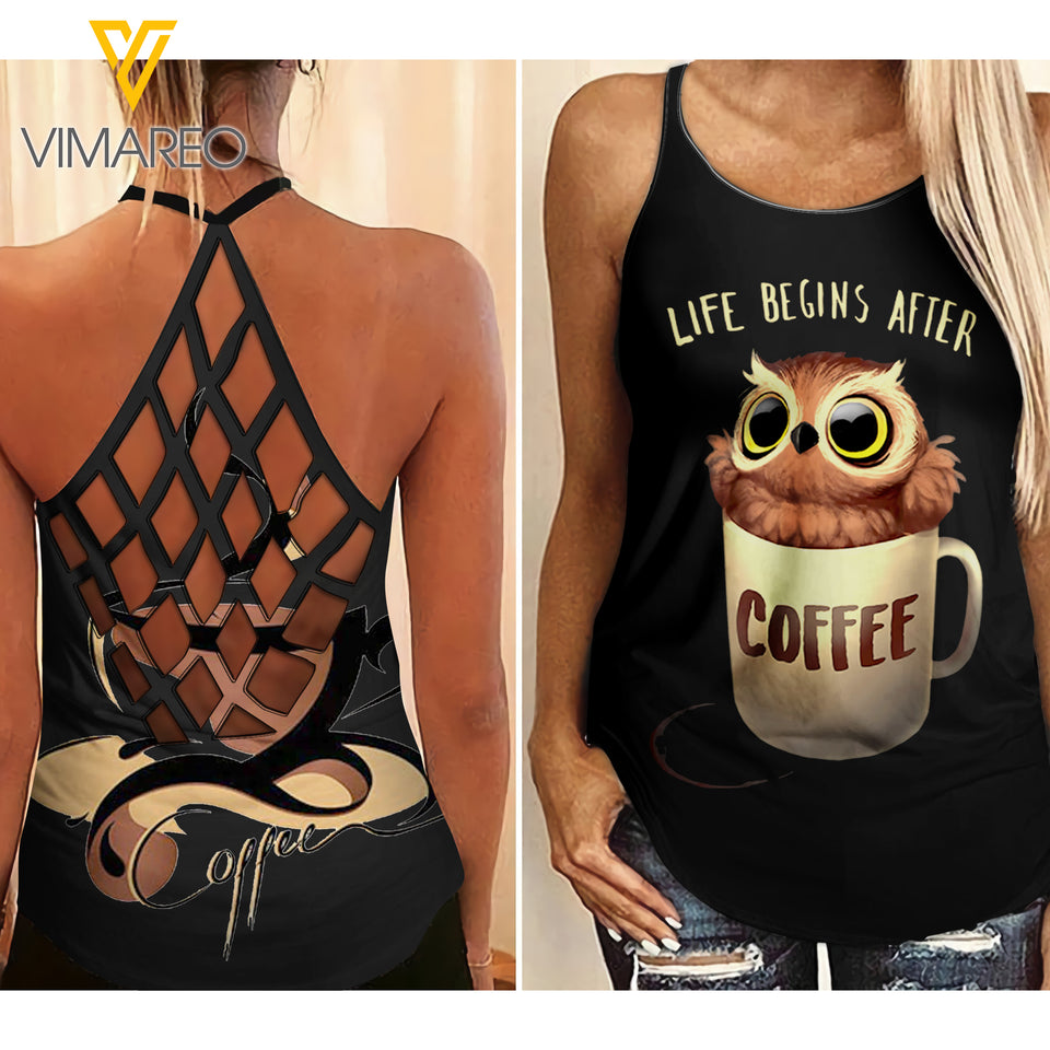 Owl and Coffee Criss-Cross Open Back Camisole Tank Top