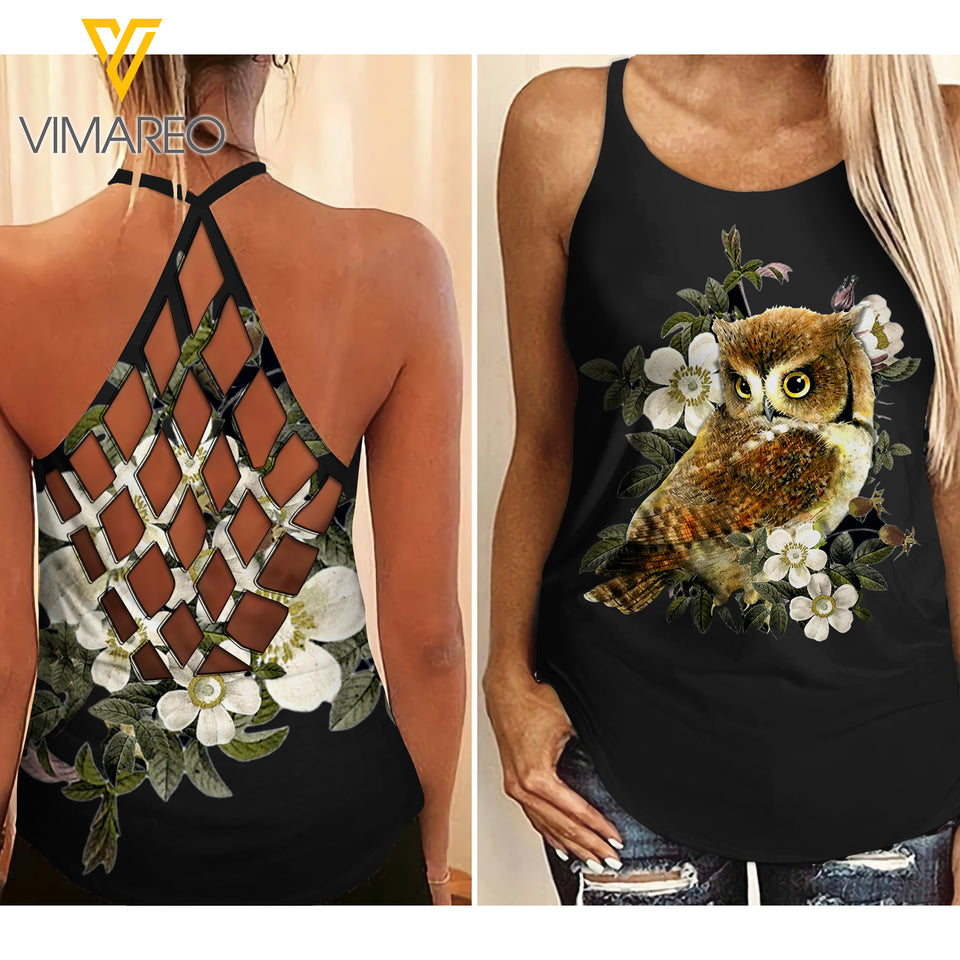Owls with Flowers Criss-Cross Open Back Camisole Tank Top