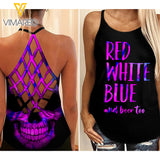 KHMD RED WHITE BLUE AND BEER PU Girl Criss-Cross Tank Top 0504