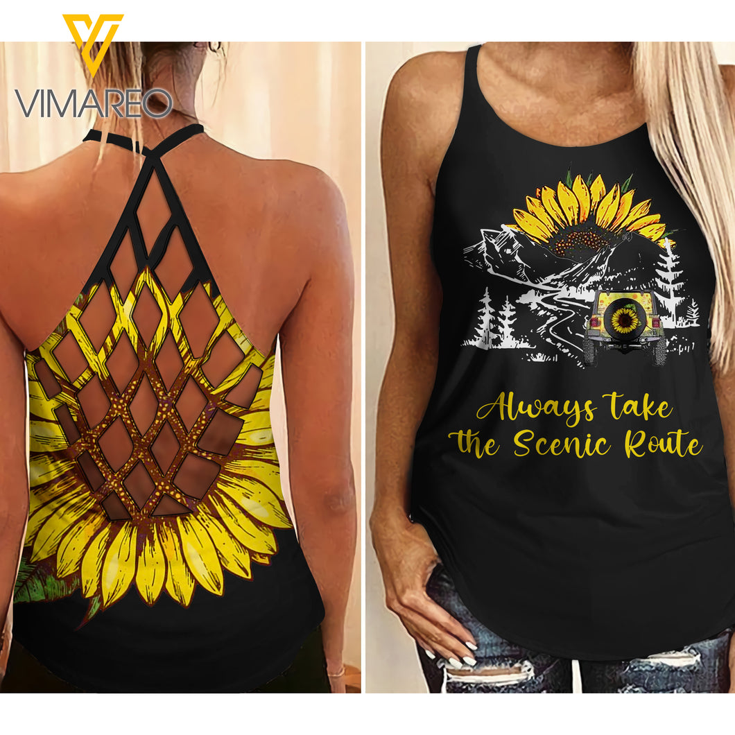 ALWAYS TAKE THE SCENIC ROUTE CRISS-CROSS TANK TOP CAMPING OR JEEP GIRL