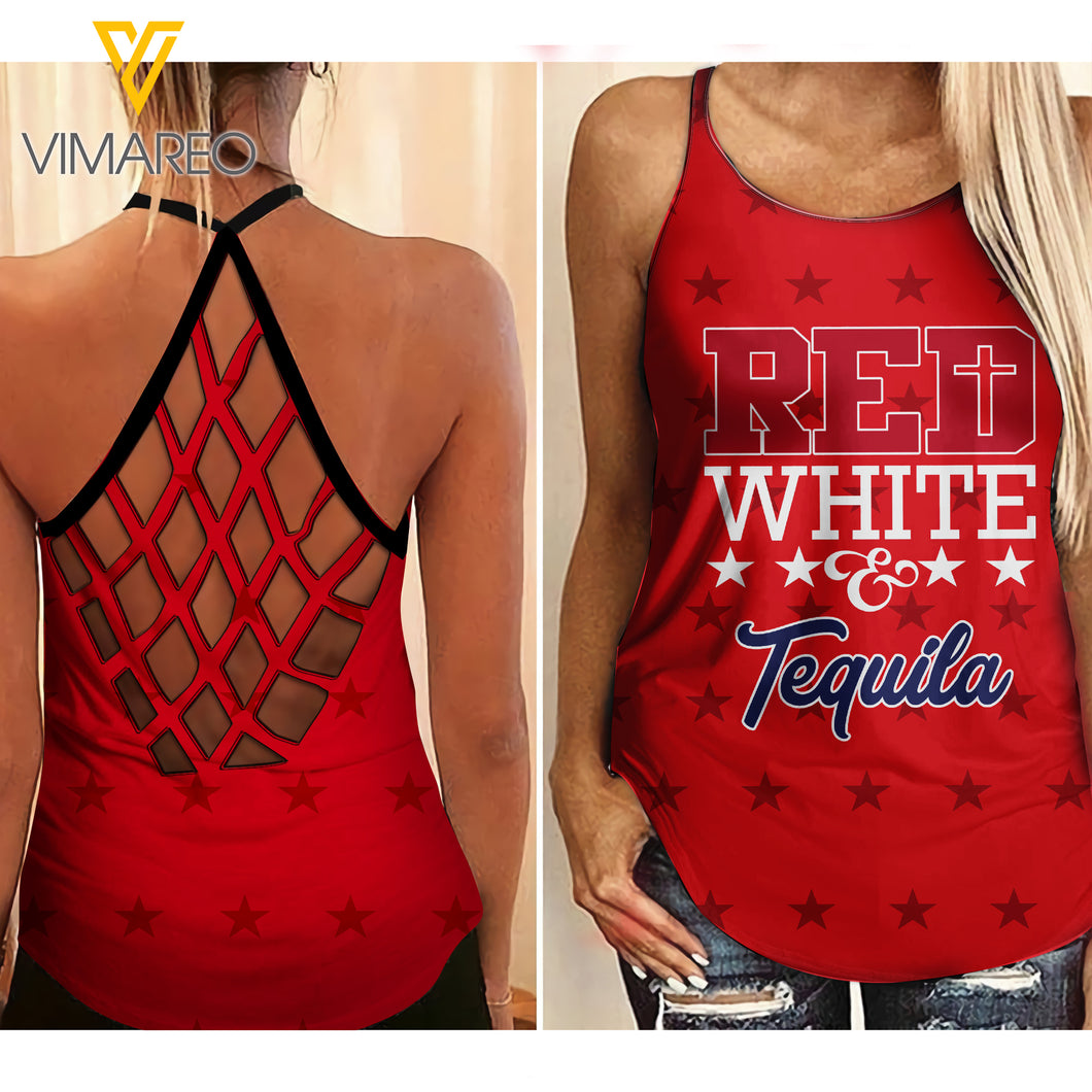 Red White & Tequila Criss-Cross Open Back Camisole Tank Top APR-MQ05